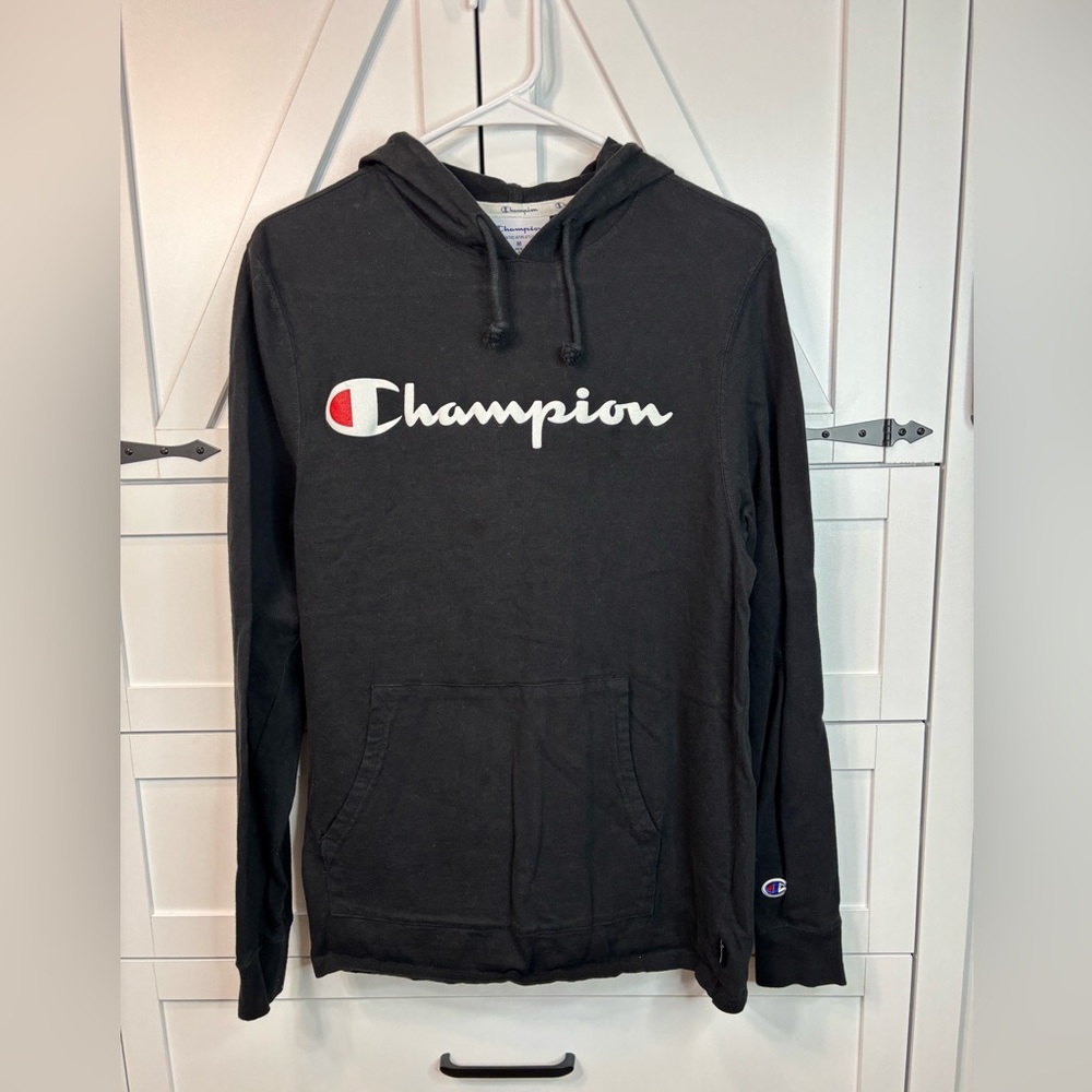 Men’s Champion Black Hoodie with White Script and Red Accent size M